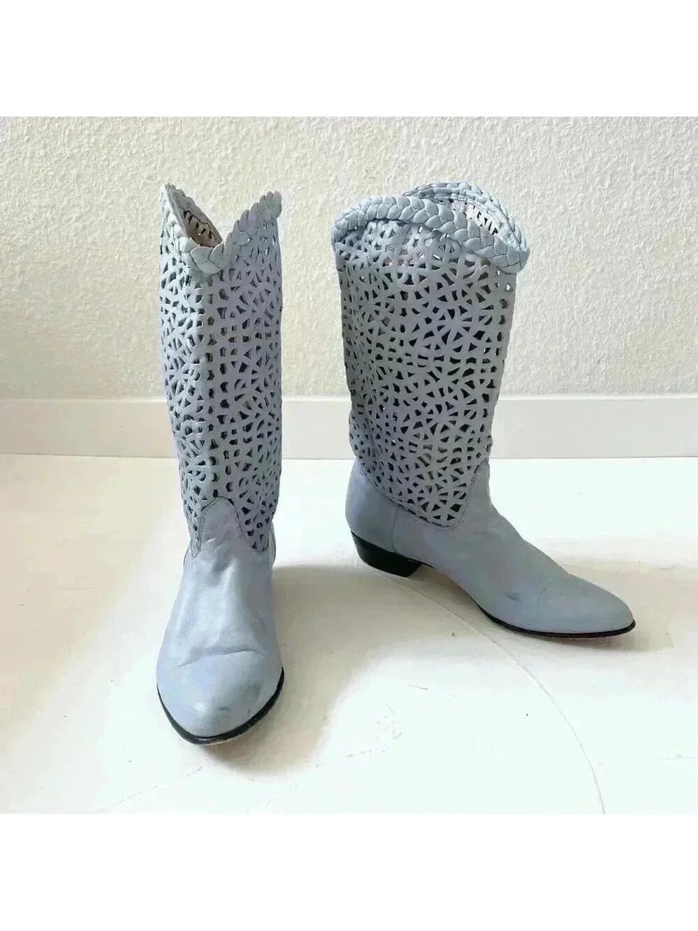 Vintage 80s Steve Fleming Western Blue Mid Calf Boots Perforated Cut Out Boho